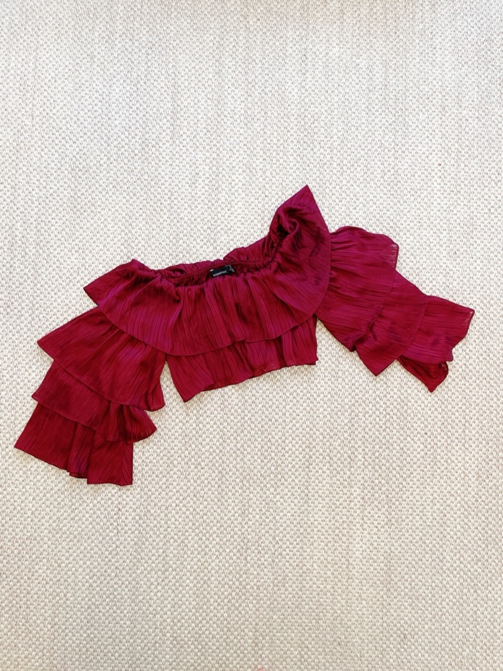 Revolve MINKPINK Ruffled Off-Shoulder Crop Top in Deep Burgundy Cropped - medium